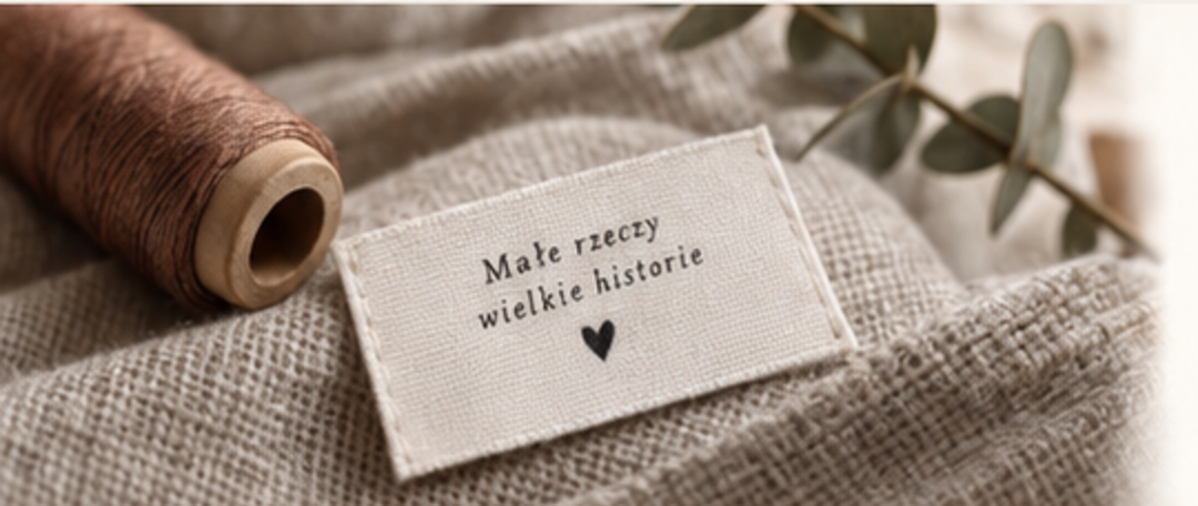 Szpulka nici i wszywka z napisem „Małe rzeczy, wielkie historie”