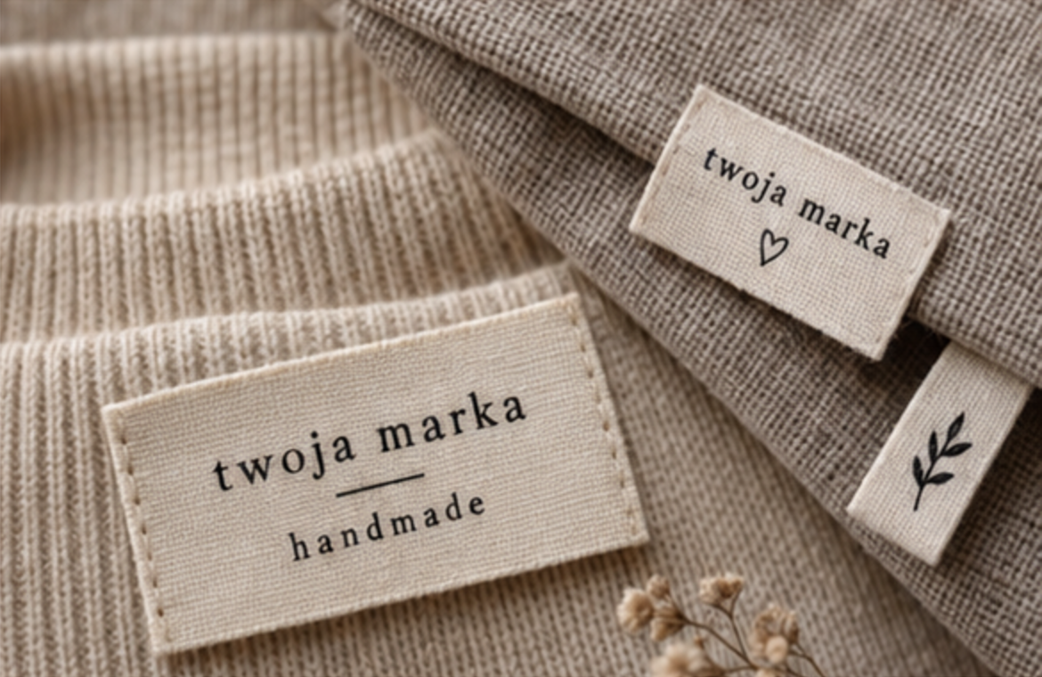 Beżowe wszywki tekstylne z napisami „twoja marka” i „handmade” ułożone na dzianinie