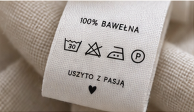 Metka odzieżowa ze składem surowcowym i symbolami prania